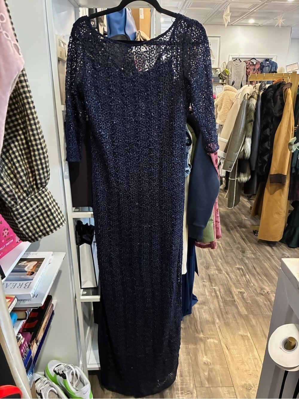 Kay Unger Navy Sequin Maxi Dress with Three-Quarter Sleeves